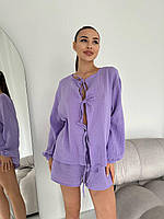 Женская весенняя пижама шорты и кофта на завязках арт. 386 Фиолетовый