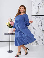 Синя сукня-міді з воланами та довгими рукавами на гумці, великих розмірів від 46 до 58