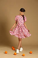 Детское платье Камилла на лето розовое лёгкое цветочное хлопковое для девочки 7 8 9 10 11 лет