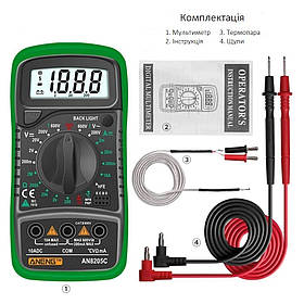 Мультиметр цифровий тестер ANENG AN8205C + термопара + батарейка. Зелений