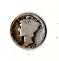 США 1 дайм, 1916-1945 Mercury Dime Серебро 0.900, 2.5g, ø 17.91mm №300