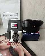 Чоловічий подарунковий набір Tommy Hilfiger: годинник каучук та шкіряний ремінь black / Мужской набор