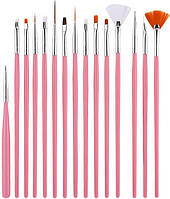 Набір пензлів для дизайну та моделювання нігтів, малювання Lpnails 15 шт,рожевийEStyle