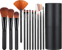 Подарунковий набір пензлів для макіяжу AVADONA в тубі 12 шт, чорний