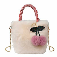 Дитяча сумка Lesko GZ-5043 White хутряна з вишнею на ланцюжку для дівчинки (12212-67781)