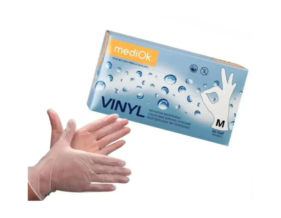 Рукавички вінілові MediOk Vinyl (100 шт./50 пар), прозорі, Прозорий, S
