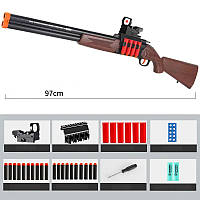 Игрушечный помповый дробовик двухстволка стреляющий мягкими поролоновыми резиновыми пулями с гильзами