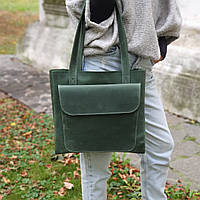 Стильная кожаная женская сумка шоппер зеленая 33*35*12 cм