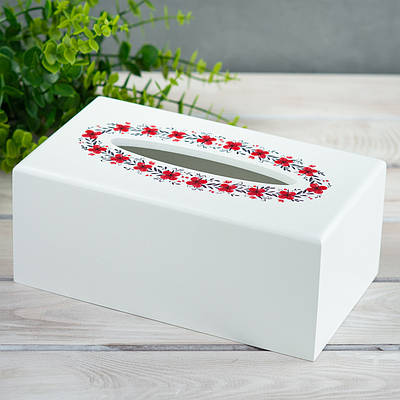 Серветниця дерев'яна із квітами в українському стилі (білий колір)