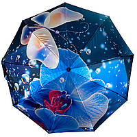 Женский зонт полуавтомат на 9 спиц сатиновый купол с цветочным принтом от Frei Regen, синяя ручка, топ