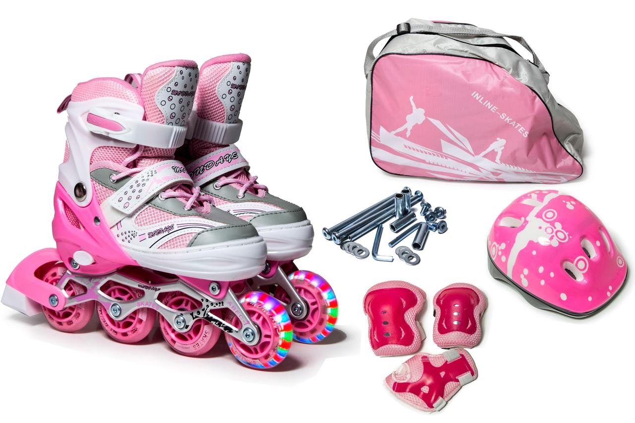 Дитячі Ролики в комплекті із захистом і шоломом Happy Pink розмір 29-33 з PU колесами що світяться.