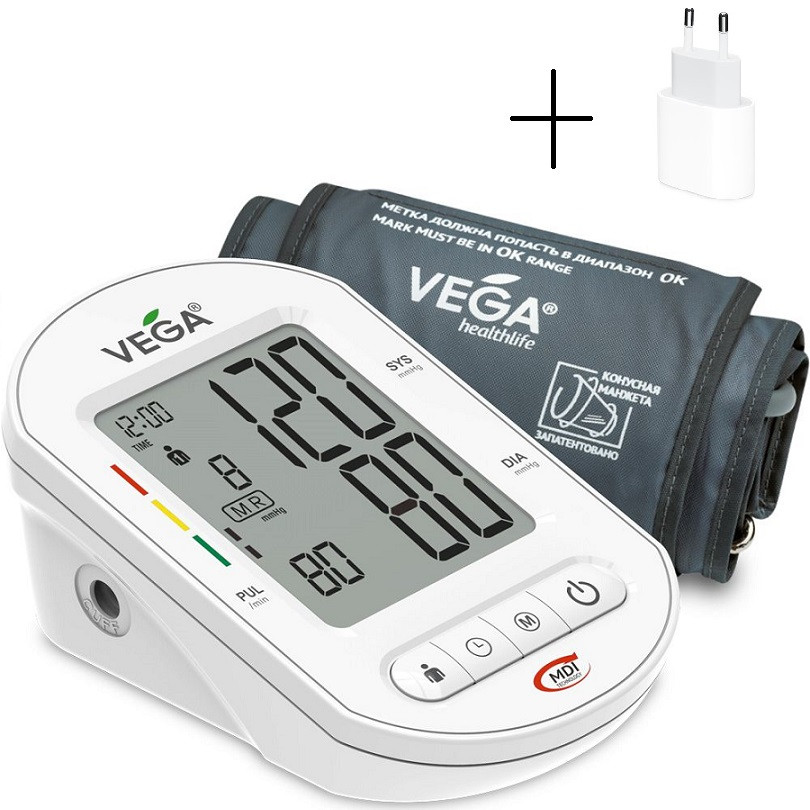 Тонометр Vega 2H Basic Type-C з адаптером та оригінальною манжетою Vega 22-42см на плече гарантія 5 років