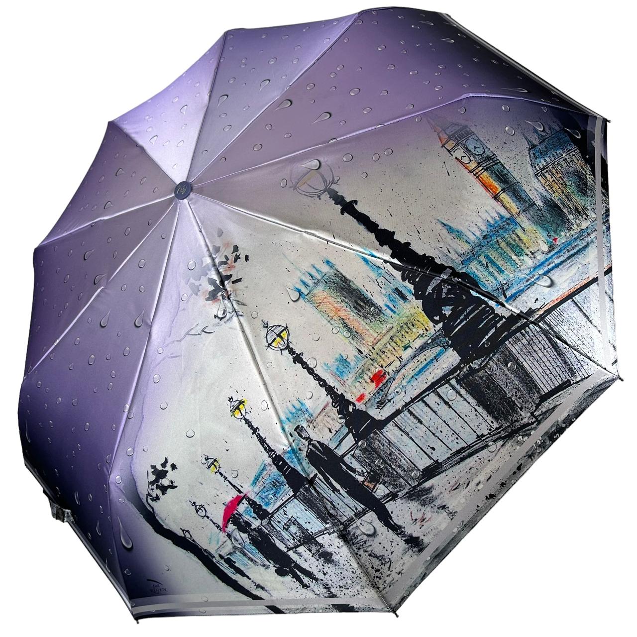 Жіноча парасоля напівавтомат на 9 спиць від Frei Regen з принтом міста, сатиновий купол, бузкова ручка, 09073-2, фото 1