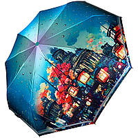 Жіноча автоматична парасоля на 9 спиць від Frei Regen з принтом міста, сатиновий купол, бірюзова ручка, 09074-4