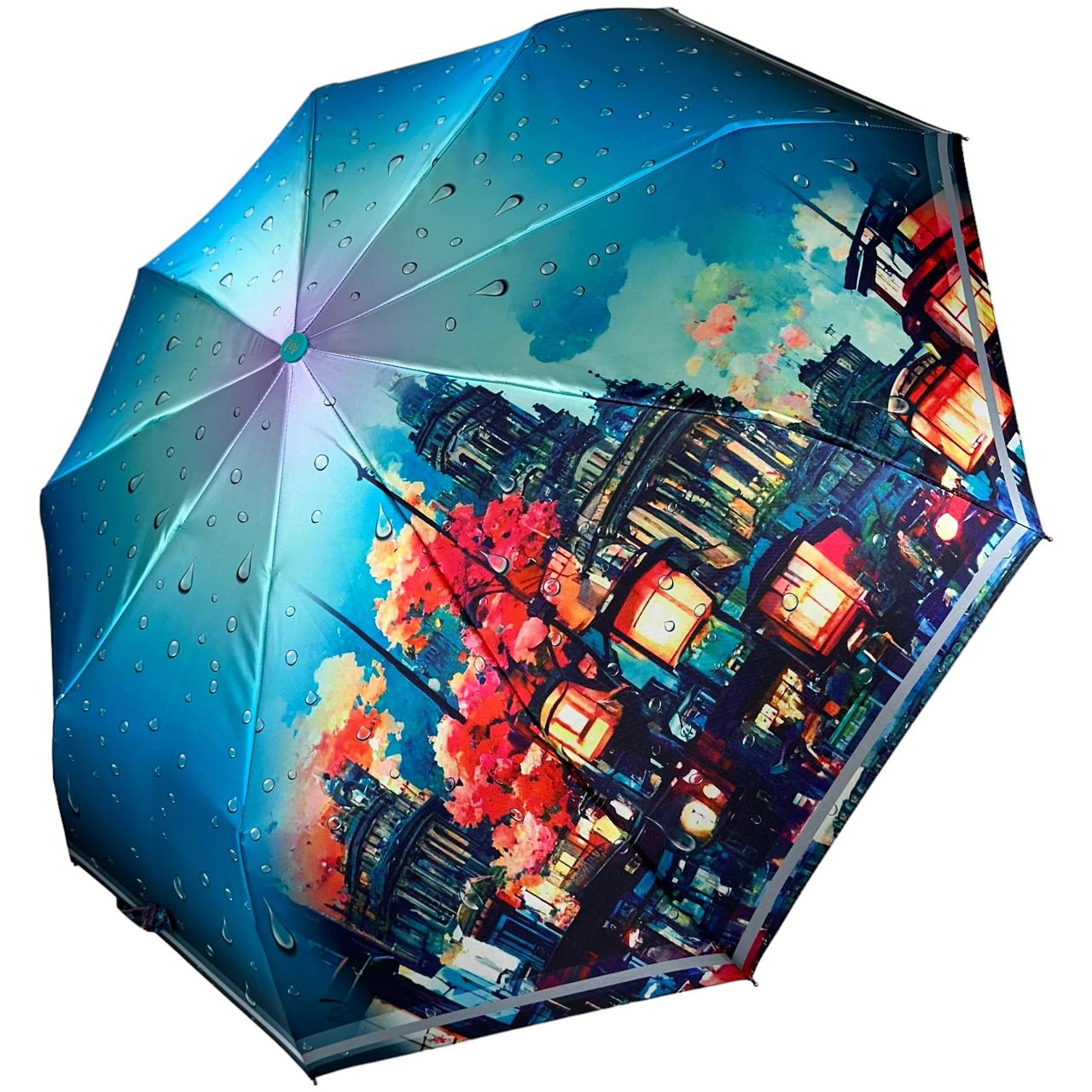 Жіноча парасоля напівавтомат на 9 спиць від Frei Regen з принтом міста, сатиновий купол, бірюзова ручка, 09073-5