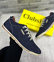 Мужские летние кожаные кроссовки Clubshoes перфорированые темно-синие