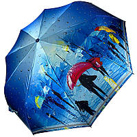 Жіноча парасоля напівавтомат на 9 спиць від Frei Regen з принтом міста, сатиновий купол, синя ручка, 09073-4