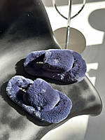 Женские синие домашние тапочки теплые с мягким эко-мехом и открытым носком 40