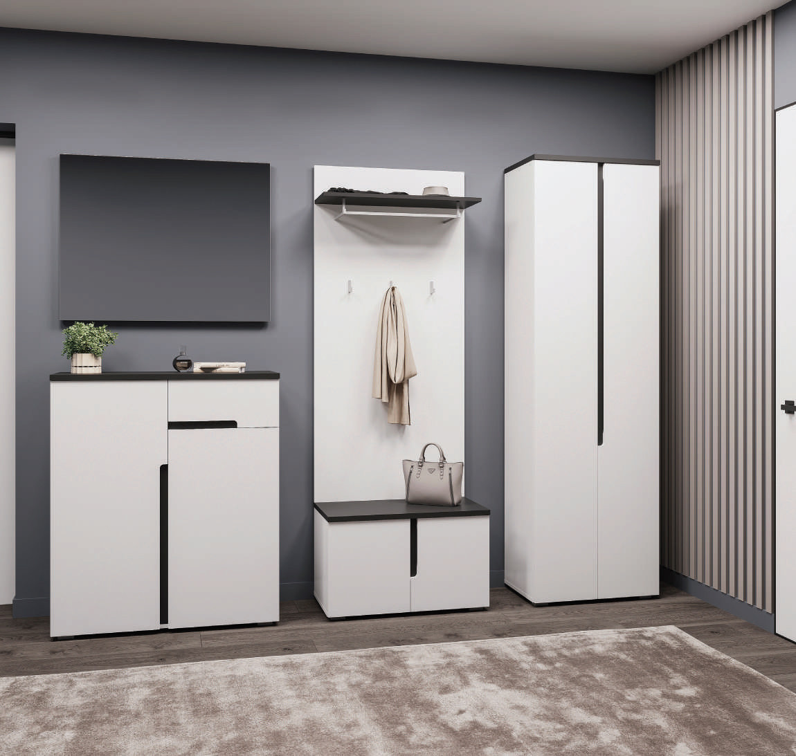 Стильний білий модульний вузький передпокій у довгий коридор з шафою і дзеркалом Джордан Сокме 218 см