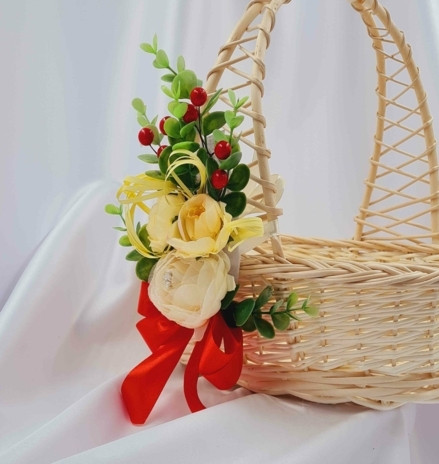 Декоративна пов'язка для кошика Троянда з квіточками та червоним бантиком, 10*15 см на зав'язках