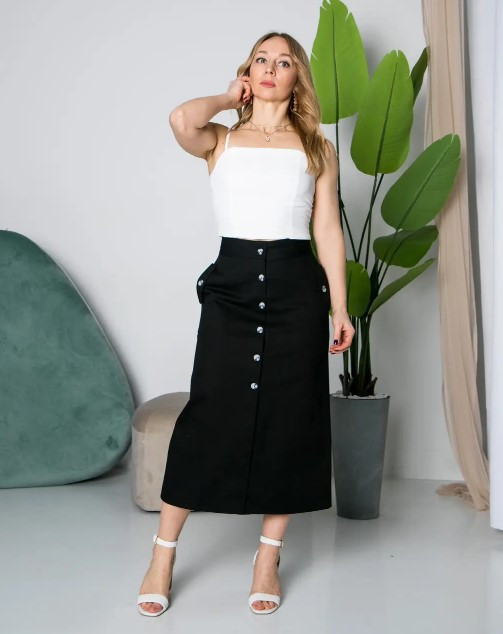 Жіноча спідниця трапеція "Тереза" з тканини котон з високою посадкою у чорному кольорі розміри від 44 до 54