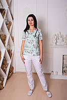 Бавовняний медичний топ для жінок з принтом Троянди дві кишені, одяг для медичного персоналу р.52