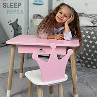 Детский столик и стульчик розовый корона . Столик с ящиком для карандашей и разукрашек