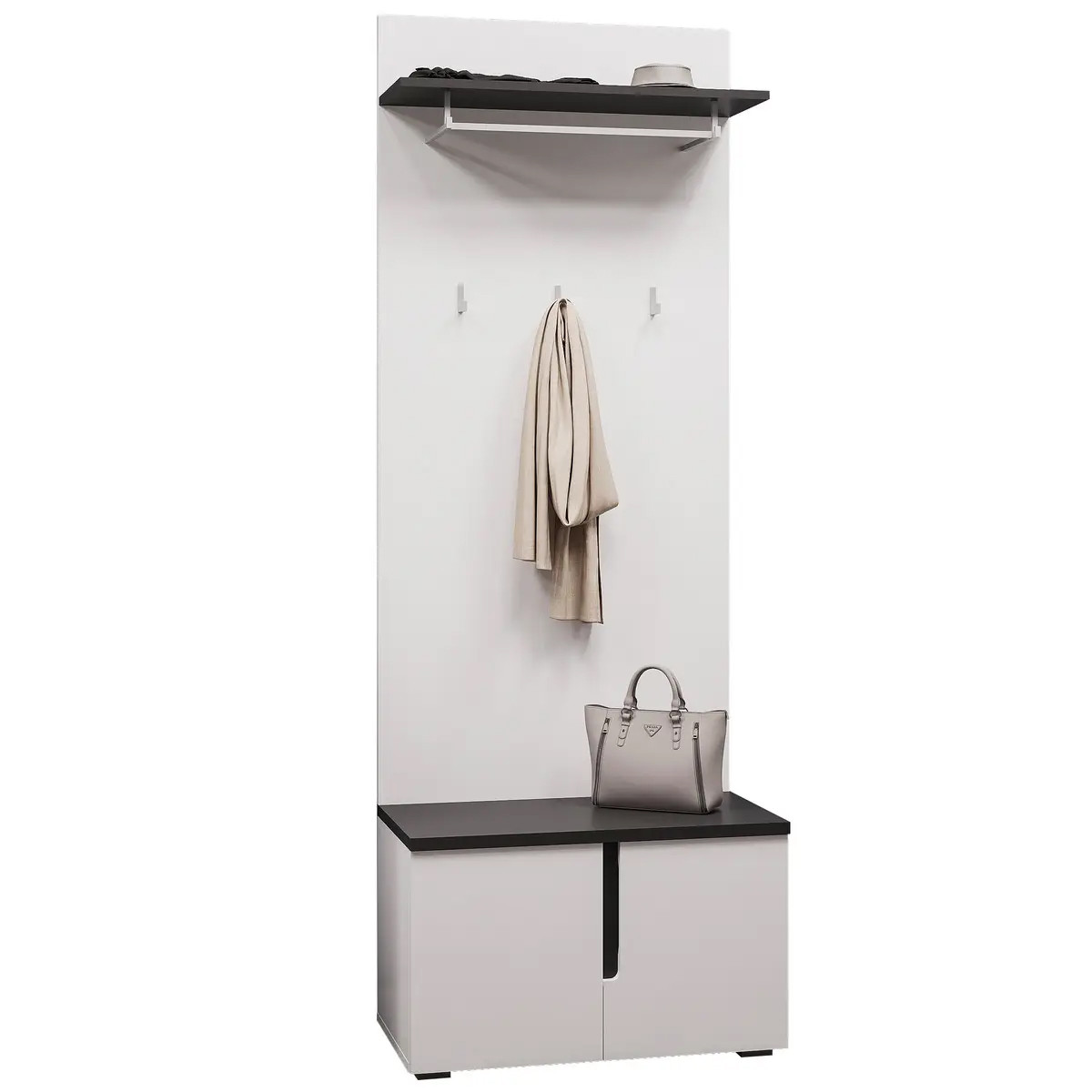 Стильна біла вузька тумба для взуття з вішалкою та сидінням у передпокій коридор 70 см Джордан Сокме
