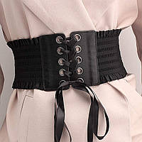 Черный кожаный пояс корсет с атласной завязкой на кнопках большой размер