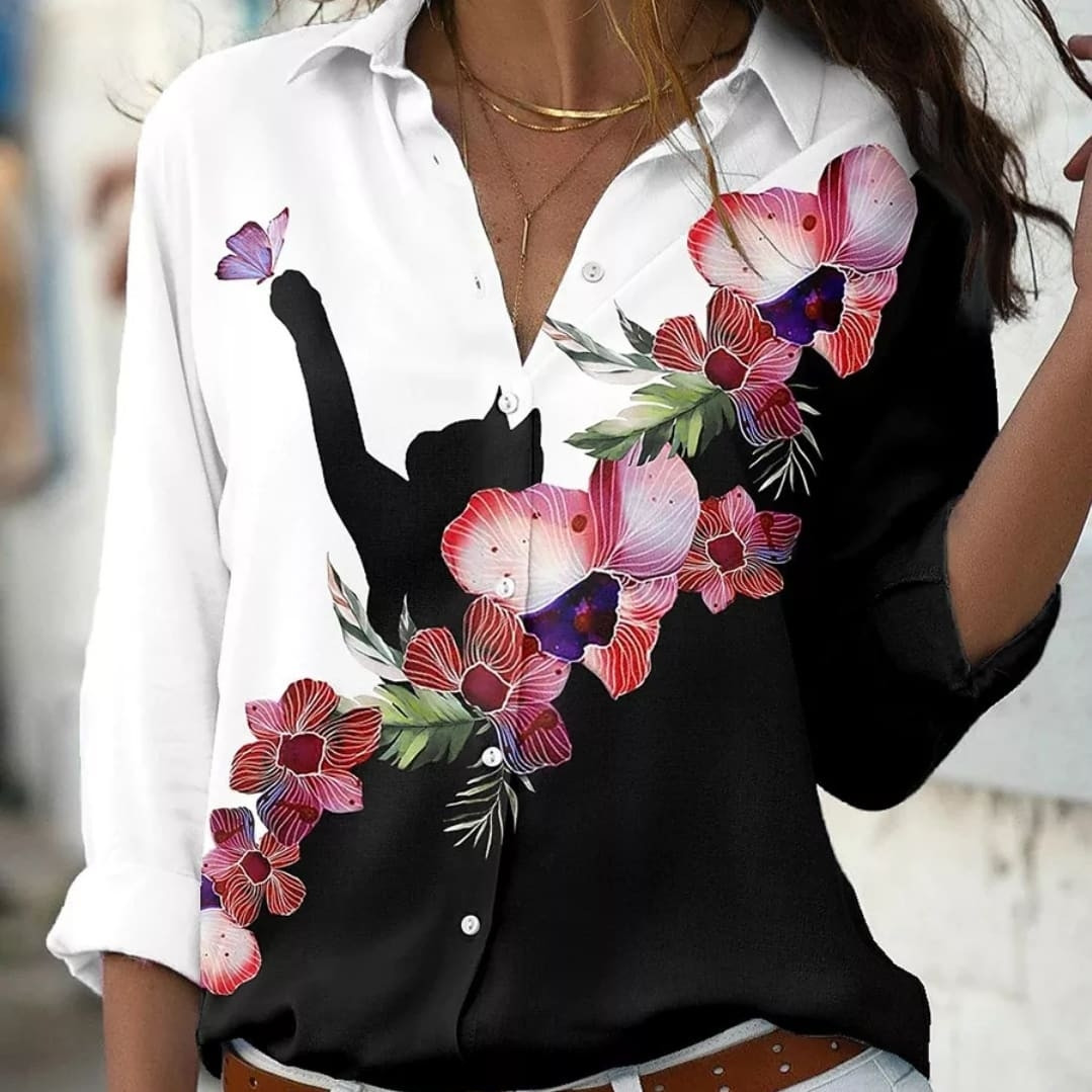 Жіноча блузка з принтом кіт і квіти легка сорочка з довгим рукавом, фото 1