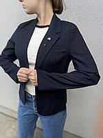 Жіночий стильний піджак, класичний жакет із брошкою та відкладним коміром, приталений синього кольору, 38