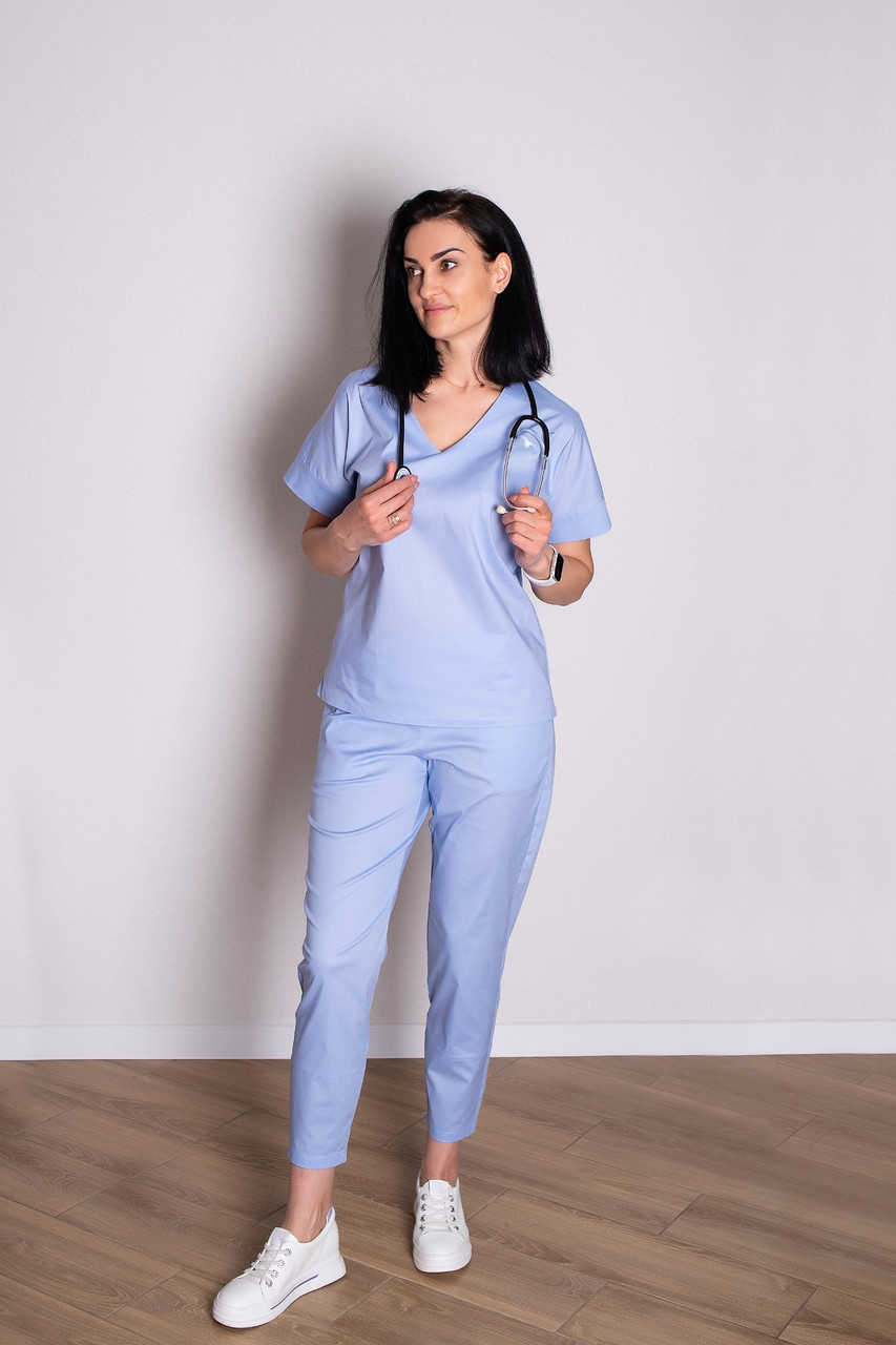 Штани жіночі медичні з натуральної тканини поплін блакитні Мом вільні, одяг для медперсоналу р.46
