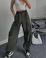 Женские весенние штаны-карго из плащевки с накладными и прорезными карманами размеры 42-46