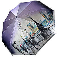 Женский зонт полуавтомат на 9 спиц от Frei Regen с принтом города, сатиновый купол, фиолетовая ручка, топ
