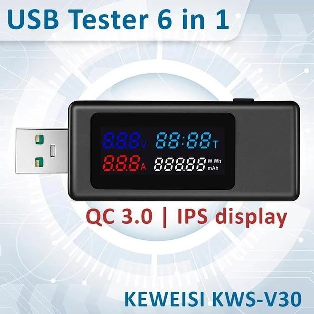 USB тестер KEWEISI KWS-V30 QC3.0 / 4-30V / 195W / 6.5A Цифровий вольтметр амперметр для павербанків акб зарядок кабелів