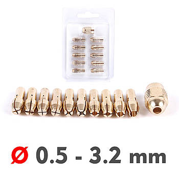 Набір цанг для гравера з патроном - 10 шт Ø 0.5 мм - 3 мм - для бормашини, мінідрилі, Dremel