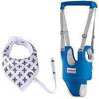 Набор 2Life детские вожжи-ходунки Синие и слюнявчик-нагрудник с держателем для соски Белый с DH, код: 8404608