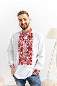 Чоловіча вишиванка біла з червоною геометричною вишивкою хрестиком на льоні розміри S M L XL XXL