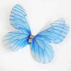 Метелик зі стразиками шифоновий, 4,5х3,5 см, блакитний з прінтом