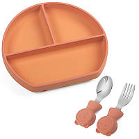 Силиконовая трехсекционная тарелка 2Life Y25 и металлические приборы Y27 Оранжевый с коричнев EJ, код: 8330433