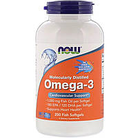 Омега-3 1000мг, 180 EPA 120 DHA, Molecularly Distilled Omega-3, Now Foods, 200 капсул из рыбь QT, код: 7409960