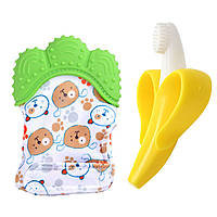 Детский силиконовый прорезыватель-перчатка для зубов зеленый и прорезыватель-щётка банан 2Lif DH, код: 8298300