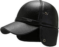 Зимняя кожаная мужская шапка-кепка утепленная с ушами, шапка ушанка Черная