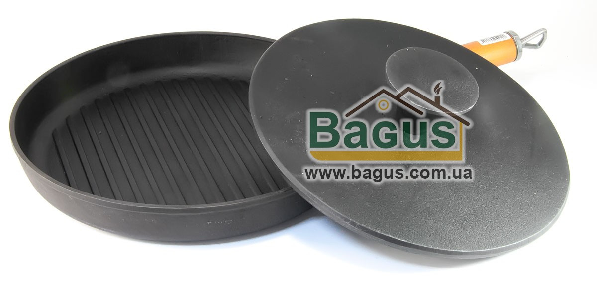 Сковорода чавунна гриль 280х40 мм кругла з дерев'яною ручкою і притискачем Еколіт (Україна) 2840ГПДР