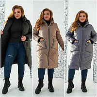 Жіноча куртка подовжена зимова з плащової тканини на силіконі 300 розмірів батал