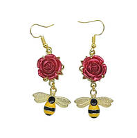 Серьги Liresmina Jewelry серьги крючок (петля) Пчелки на красной Розе 5.5 см золотистые длинные серьги