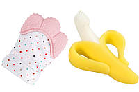 Детский силиконовый прорезыватель-перчатка для зубов Розовый + Прорезыватель-щётка Банан VOLR IN, код: 6691123