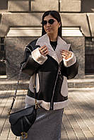 Фантастична жіноча коротка куртка косуха оверсайз з екошкіри на хутрі розміри норма та батал