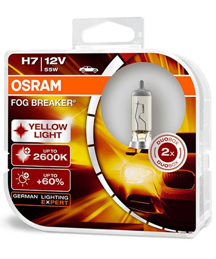 Лампа 12V H7 55W 2600K +60% FOG BREAKER "Osram" (Box-2шт) (62210FBR-BOX) Желтый Свет АКЦИЯ AB - фото 1 - id-p2172257643