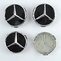 Колпачки на титаны "Mercedes" (75/70мм) черный/хром. пластик черный объемный логотип + кольцо (4шт) AB